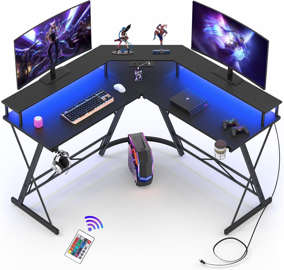 Black L Shaped Gaming Desk with LED Lights and Power Strip K708722