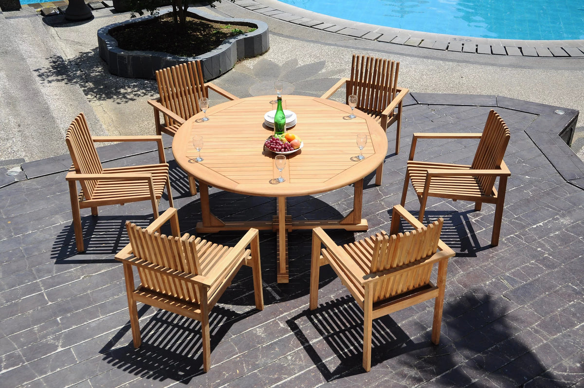 Grade-A Teak 7 Pc Dining Set 60" Round Table 6 Stacking Arm Chairs D5657
