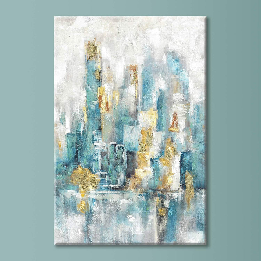 Blue Hand Painted Canvas Cityscape Wall Art, 24'' x 24'' + 24'' x 12'' x 2 Panels P1747