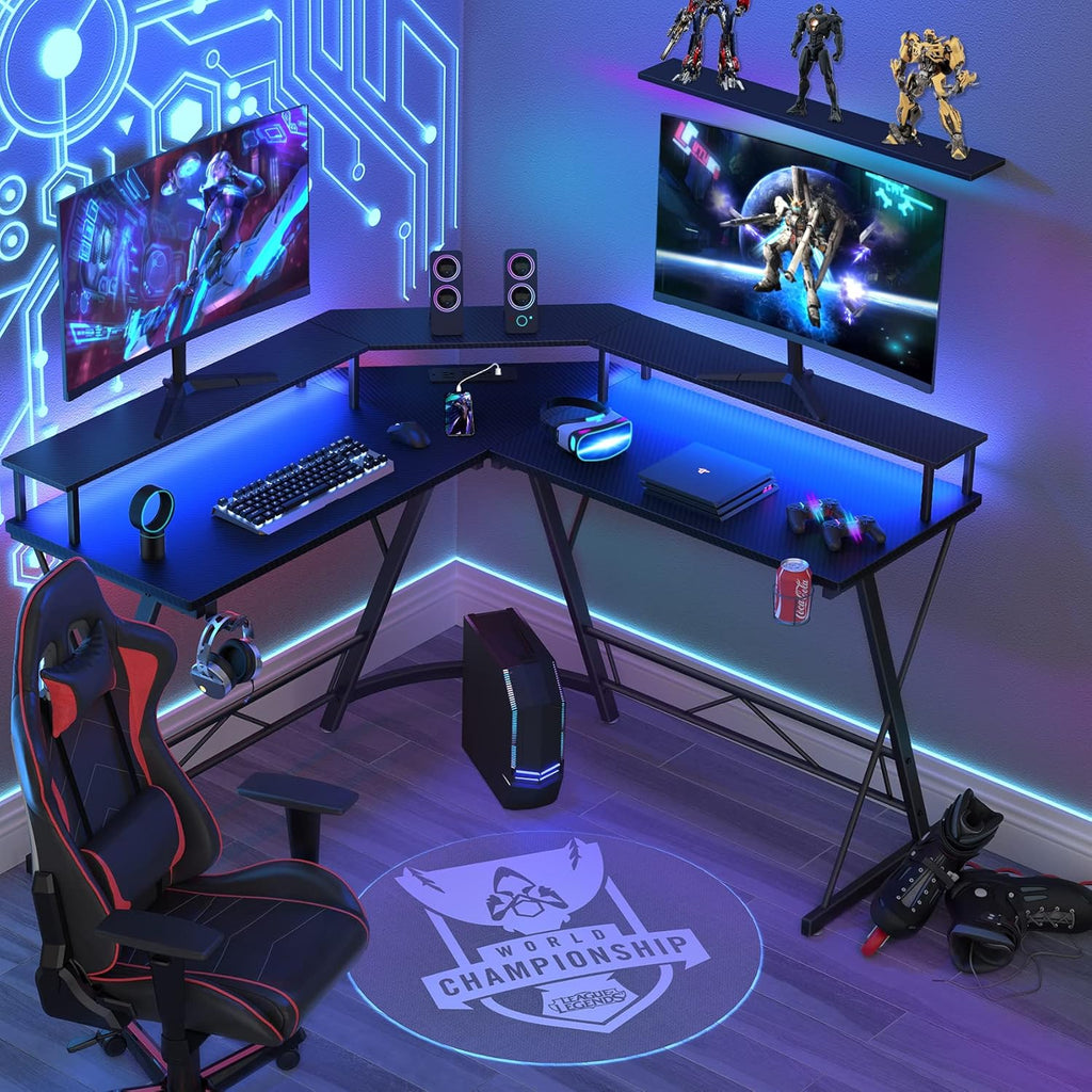 Black L Shaped Gaming Desk with LED Lights and Power Strip K708722