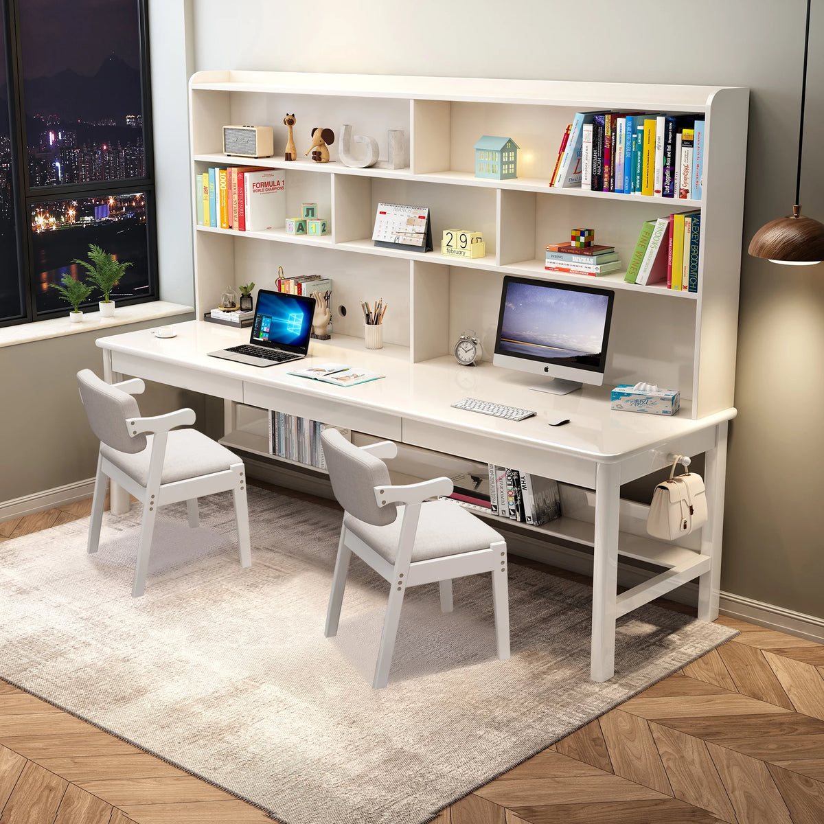 White Wooden Kids Desk and Chair Set with Hutch U480507