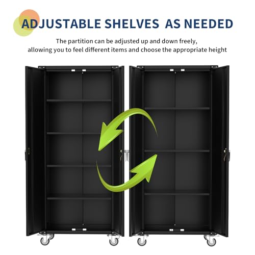 72" H Black Locking Metal Storage Cabinet with Wheels F584584