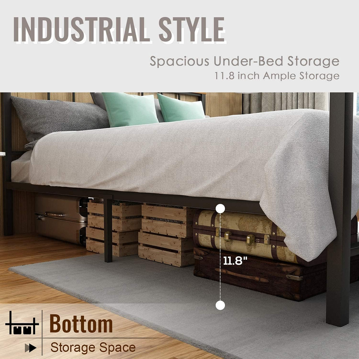 Metal Bed Frame with Headboard and Under Bed Storage W2969
