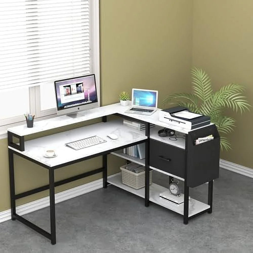 Reversible L Shaped Desk with Drawer 55" W x 41" D Industrial Corner Computer Desk with 4 Tier Shelves M42676