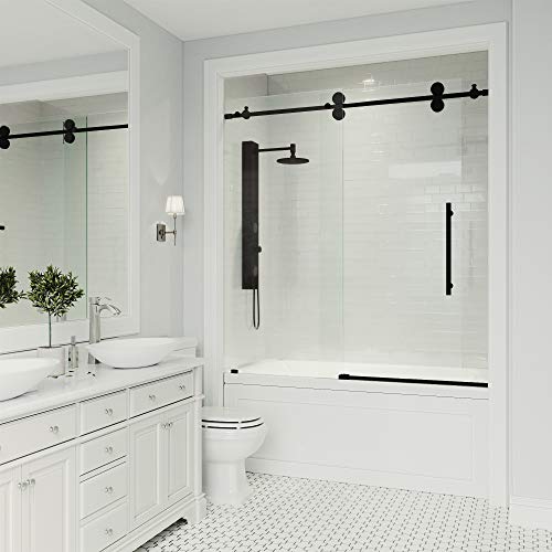 Matte Black Frameless Sliding Rectangle Tub Door with Clear Tempered Glass and Stainless Steel Hardware L88375