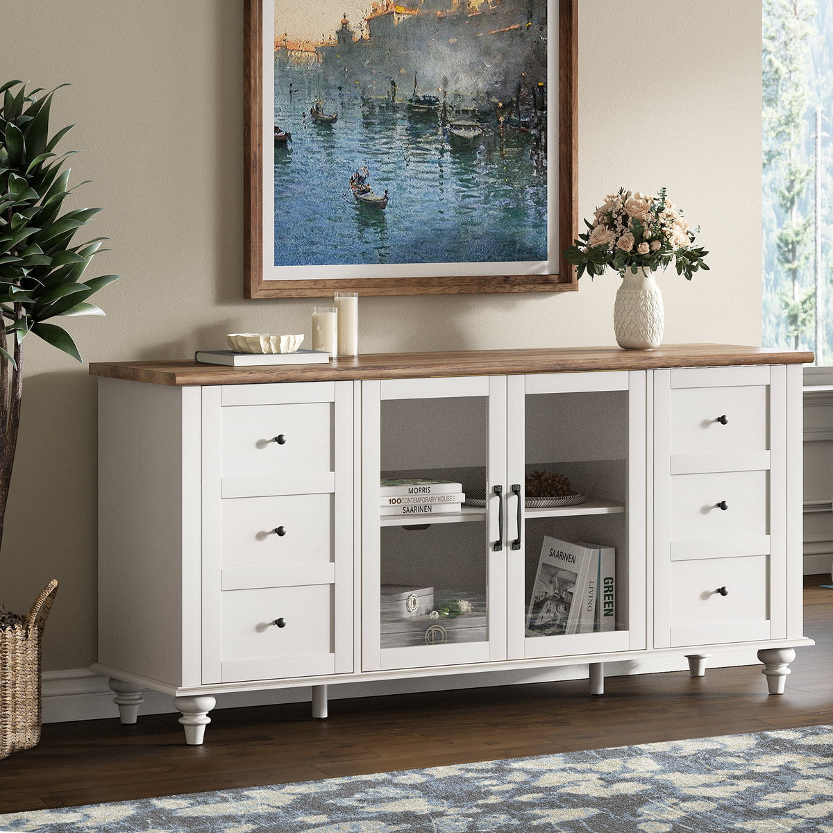 4-Door Glass and Wood TV Stand with 4 Storage Cabinets R768