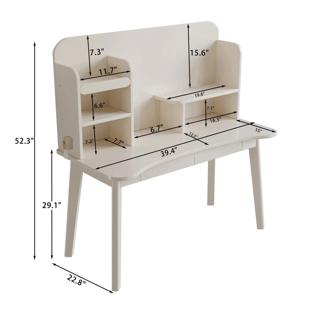 White Wooden Kids Desk with Bookshelf and Two Drawers U191264
