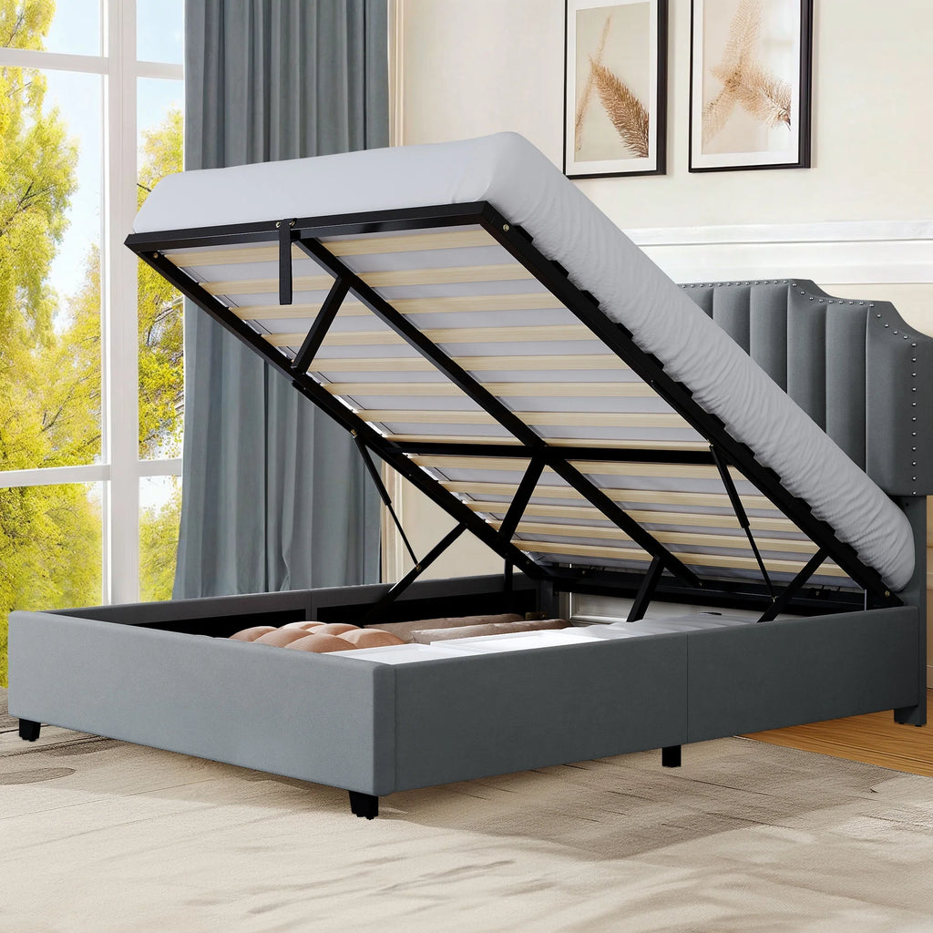 King Lift Up Storage Velvet Upholstered Platform Bed Frame L56597