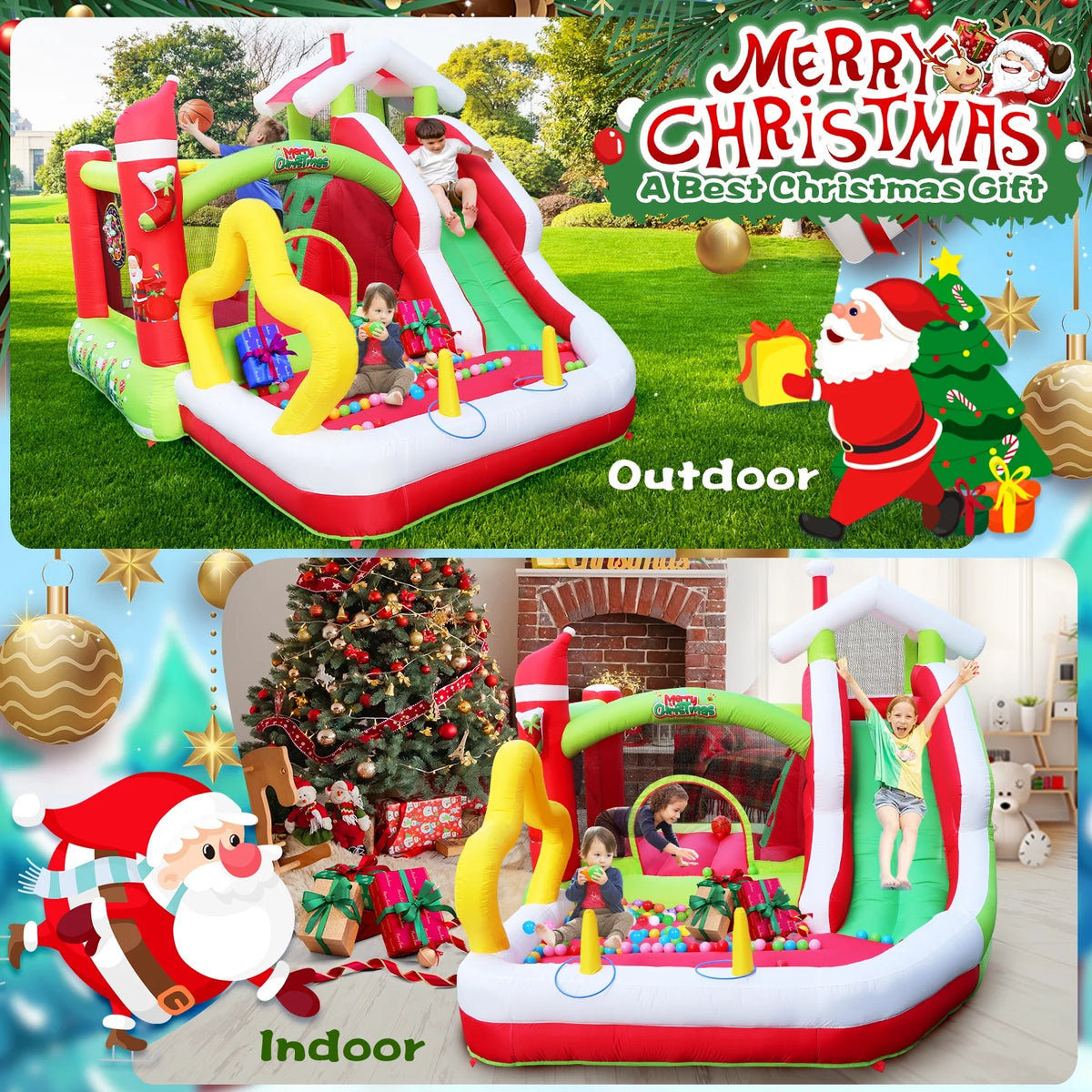 Christmas Jump 'n Slide Inflatable Bouncer with Blower, 130x108x92 inch R541