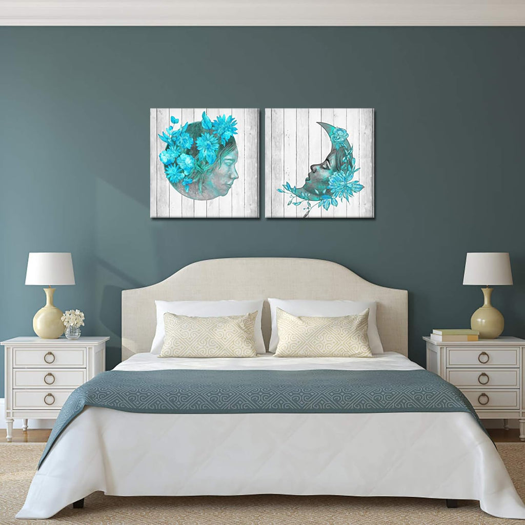 2 Pieces Teal Blue Floral Canvas Print Framed Wall Art W2907