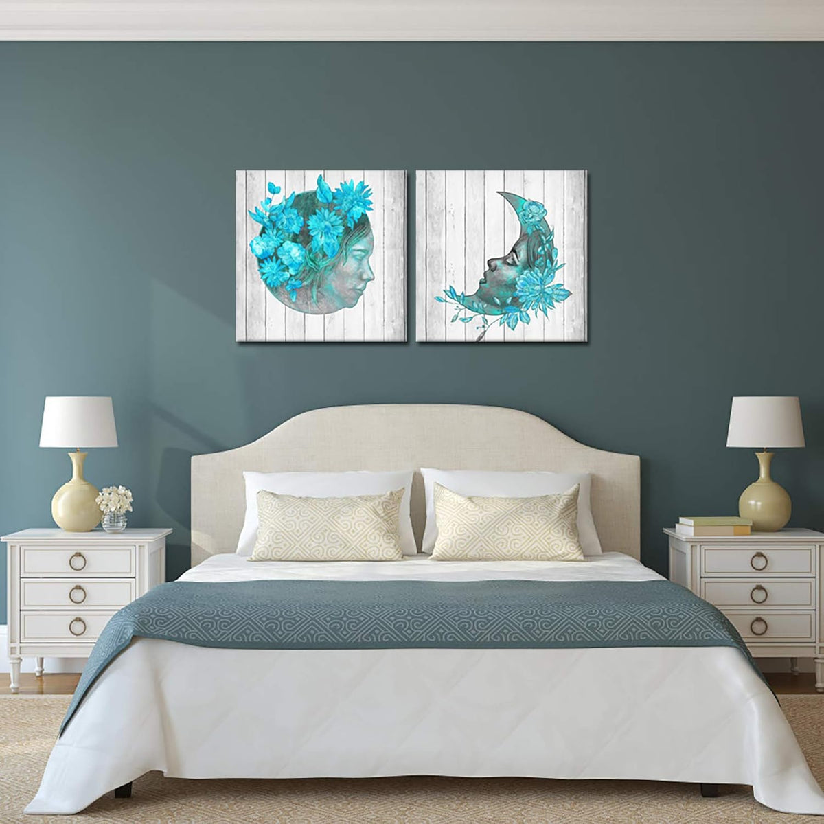 2 Pieces Teal Blue Floral Canvas Print Framed Wall Art W2907