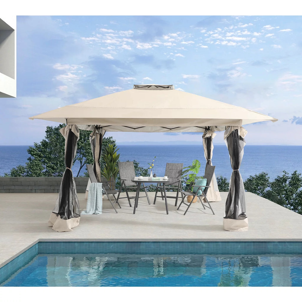 13'x13' Pop Up Gazebo with Netting Walls and Vented Roof Canopy, Beige J915