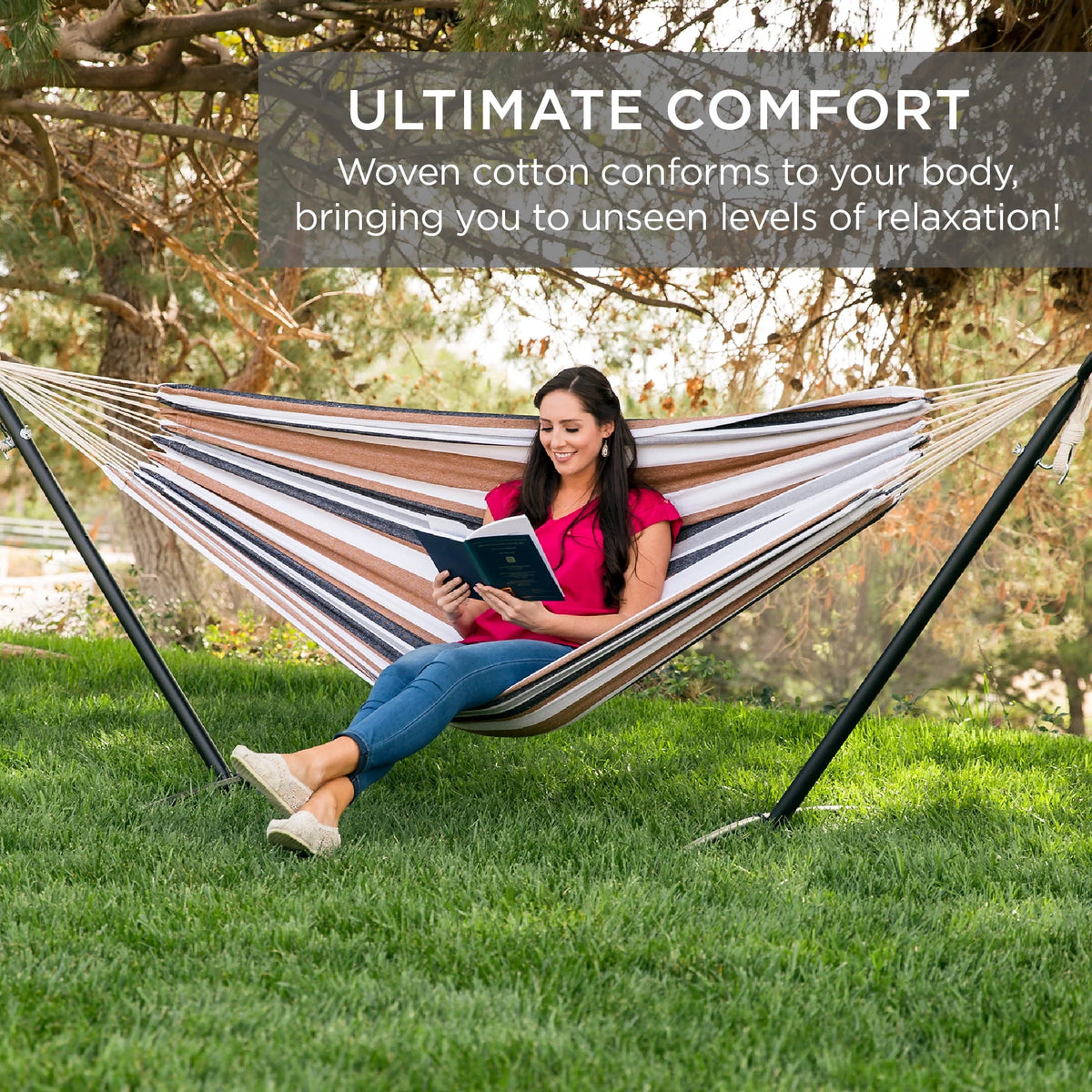 Cotton 2-Person Hammock with Steel Stand 450lb Capacity T642