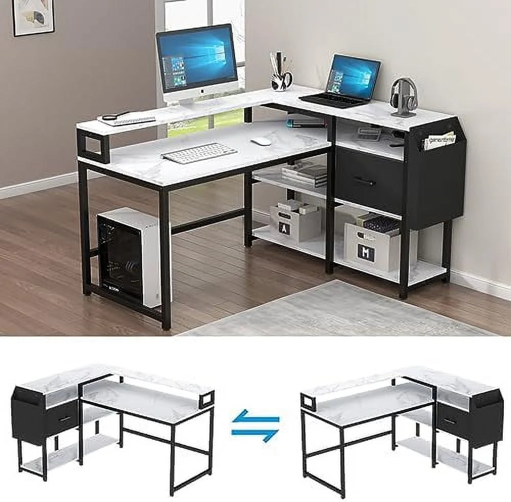 Reversible L Shaped Desk with Drawer 55" W x 41" D Industrial Corner Computer Desk with 4 Tier Shelves M42676