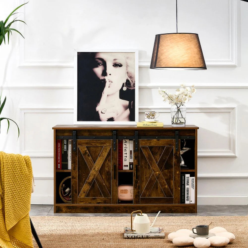 Wooden TV Stand with Storage Cabinet & 2 Sliding Barn Doors N51813