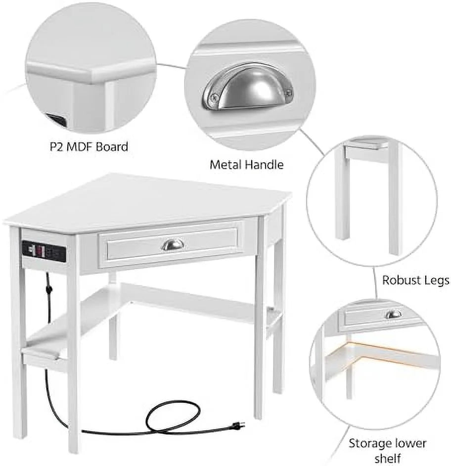 L Shaped Corner Computer Desk with Power Outlets White F356254