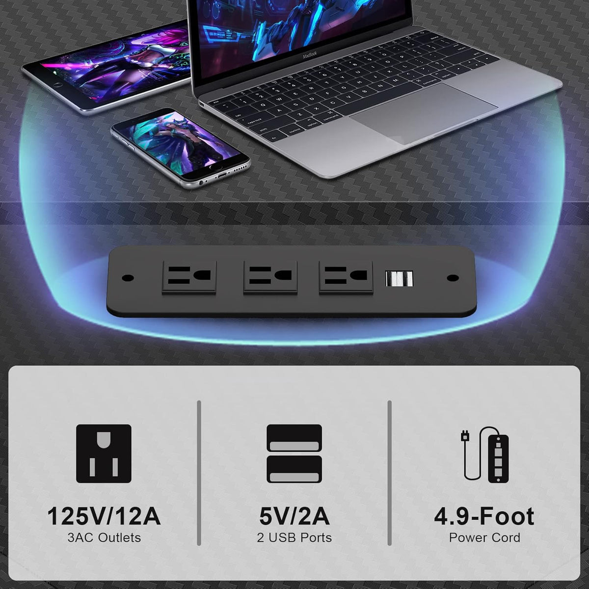 Black L Shaped Gaming Desk with LED Lights and Power Strip K708722