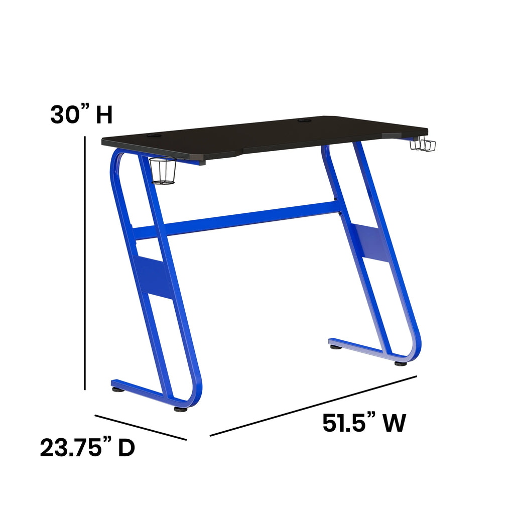 Blue Ergonomic Gaming Desk with Cup Holder and Headphone Hook Y58032