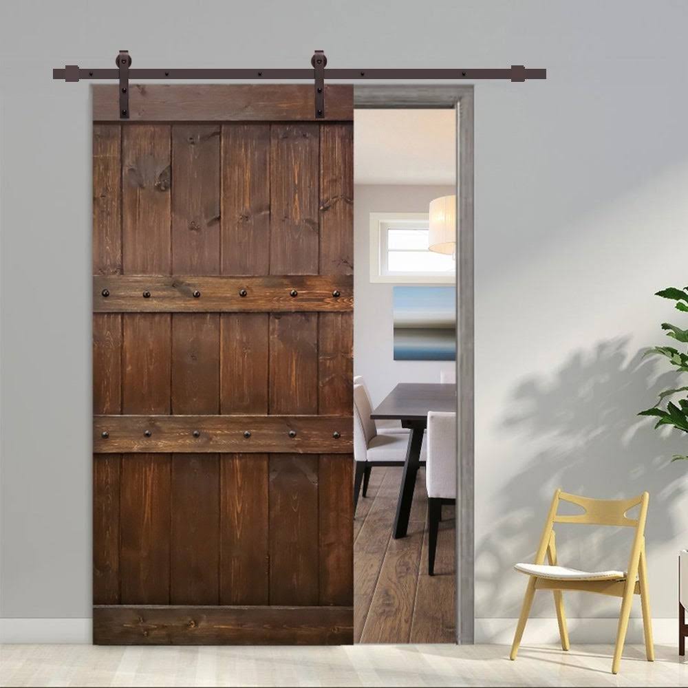 Brown Stained Solid Pine Wood Interior Sliding Barn Door with Hardware Kit S3752