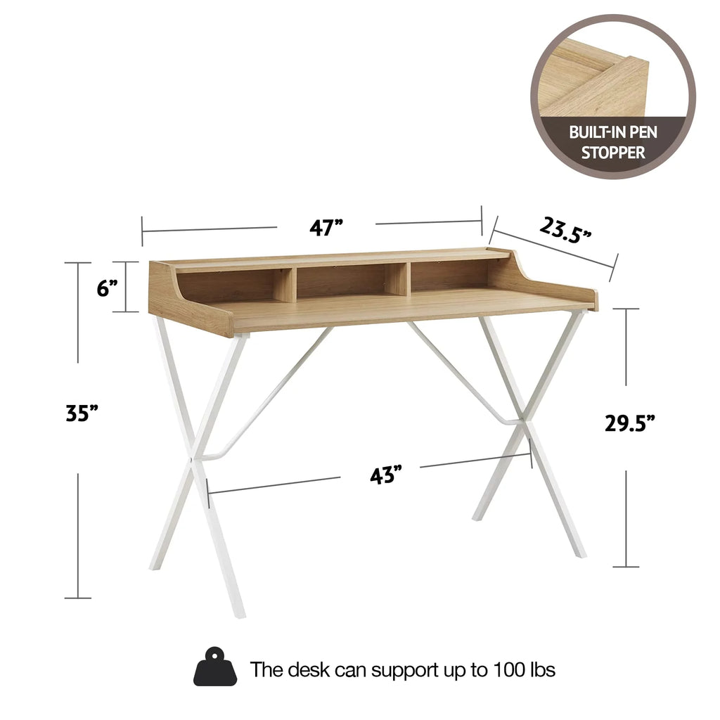 Modern Writing Desk with 3 Built-in Cubbies Storage and Metal Leg in Natural White S60678