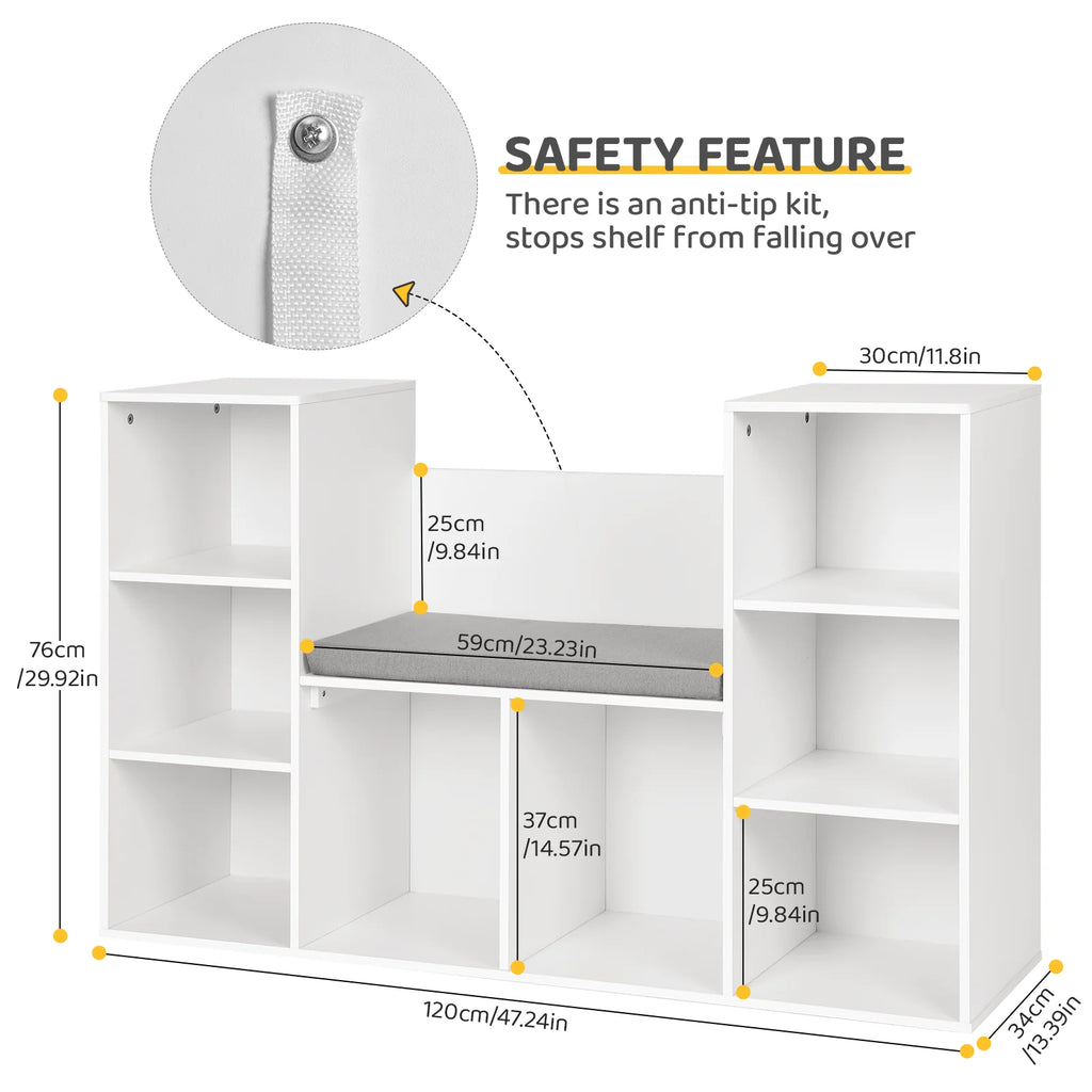 White 8-Cubby Kids Bookshelf with Reading Nook K471378