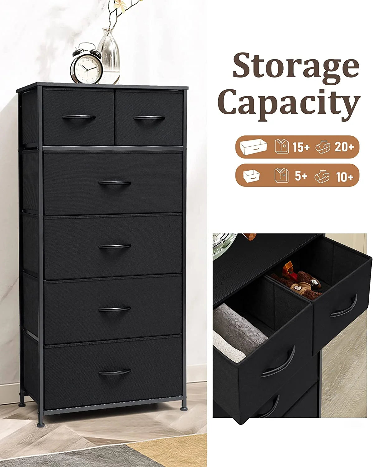 Black 6 Drawer Fabric Dresser C7545