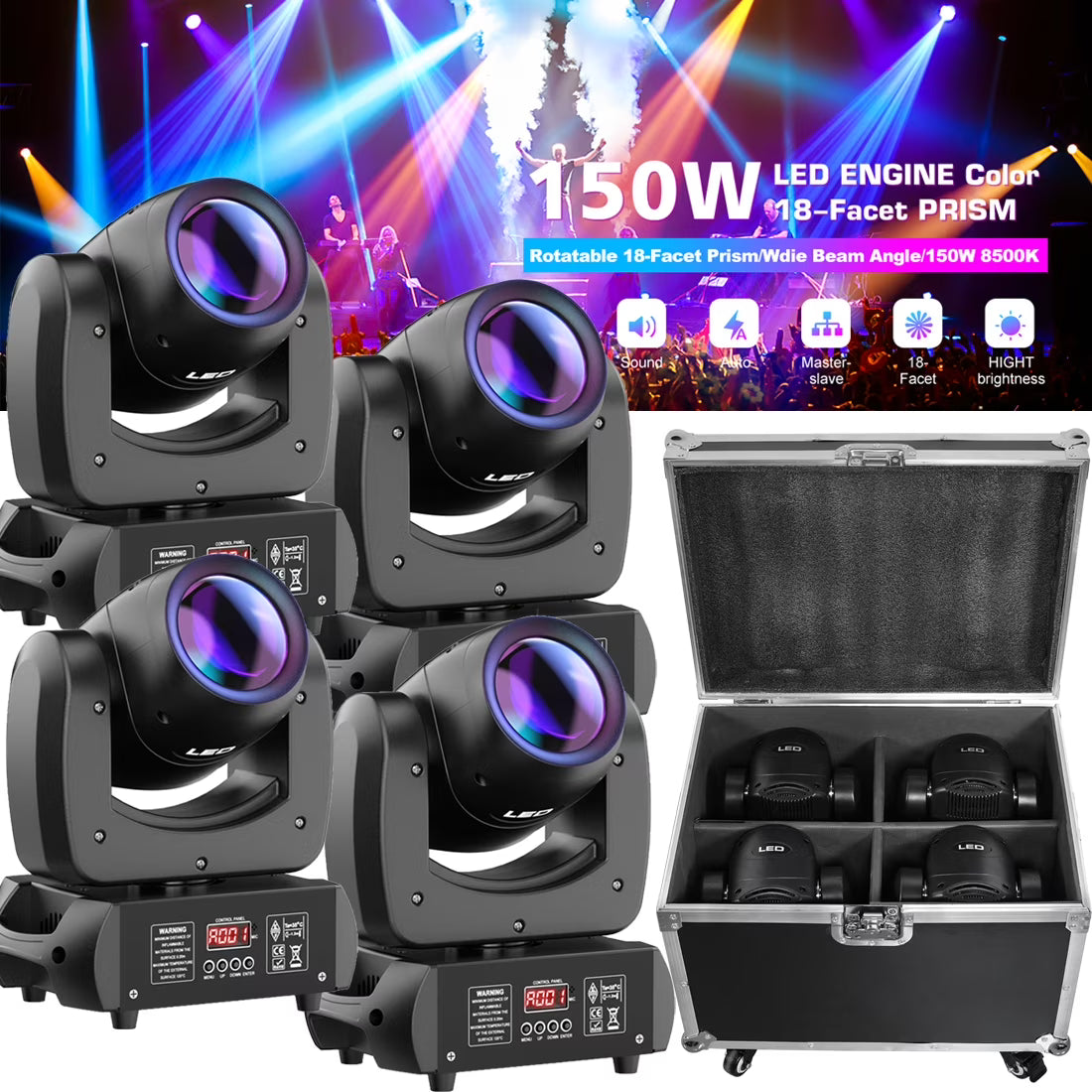 4pcs Stage Light with Flightcase, 18 Prism Beam Gobo Moving Head Light, COB LED DJ Lighting T1317
