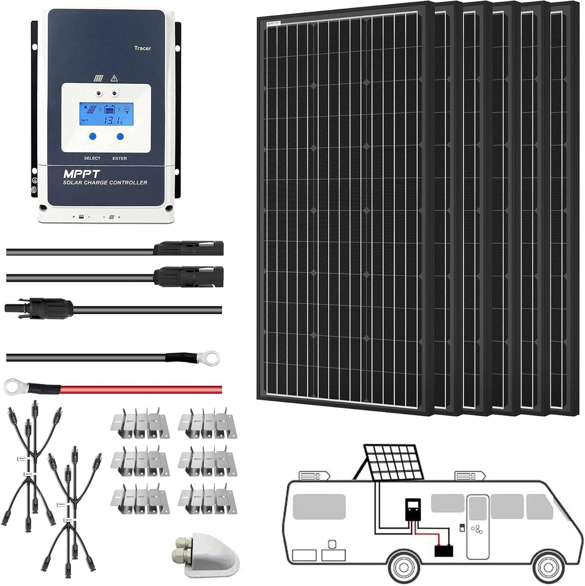 600W Monocrystalline Panel Solar RV Kit with 50A MPPT LCD Charge Controller D731