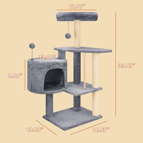 Multifunctional Grey Cat Tree with Condo, Perches, Scratching Posts and Hanging Rope R12822