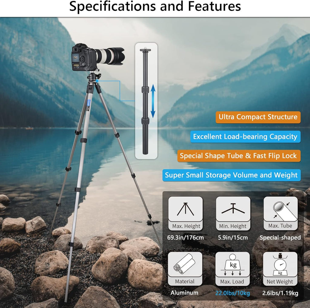 Camera Tripod Ultra Compact with 36MM Low Profile Ball Head, 10kg/22lb Load, Wireless Remote, Pack of 2 K10710