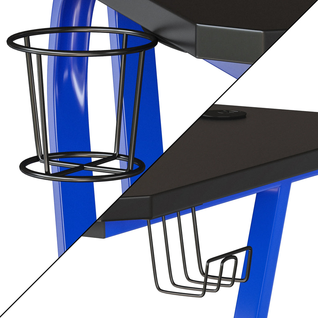 Blue Ergonomic Gaming Desk with Cup Holder and Headphone Hook Y58032