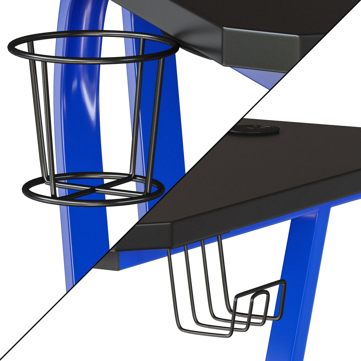 Blue Ergonomic Gaming Desk with Cup Holder and Headphone Hook Y58032