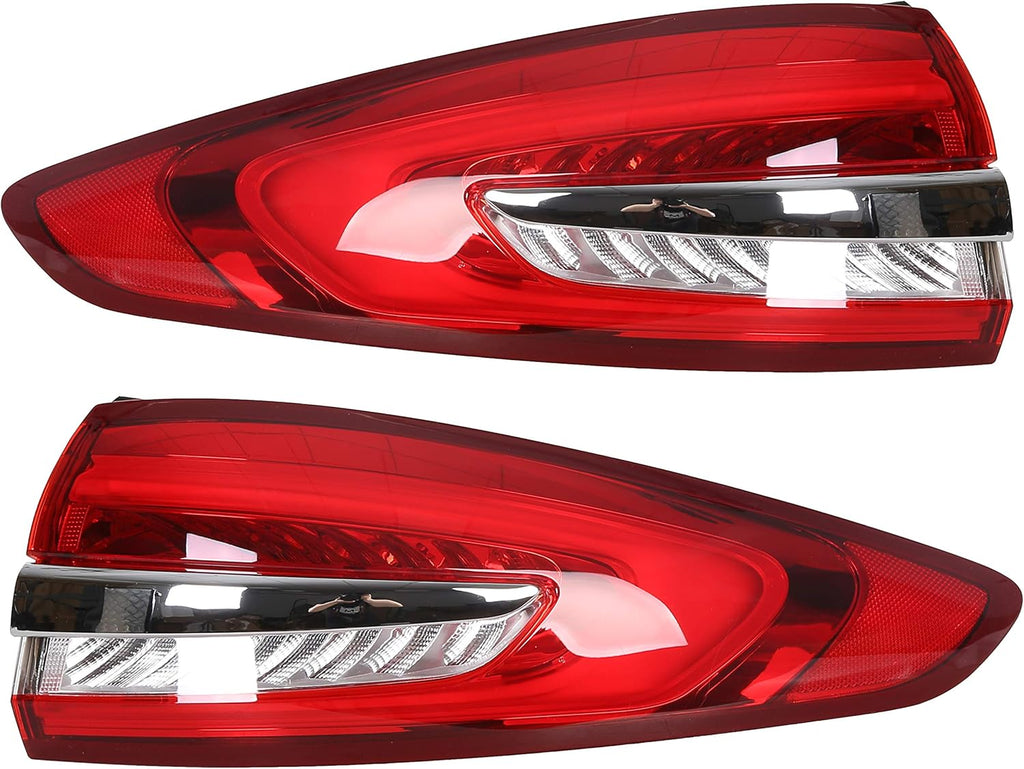 Outer Tail Light Compatible with 2017-2019 Ford Fusion Rear Brake Lamp Pair Red Lens Chrome housing B196