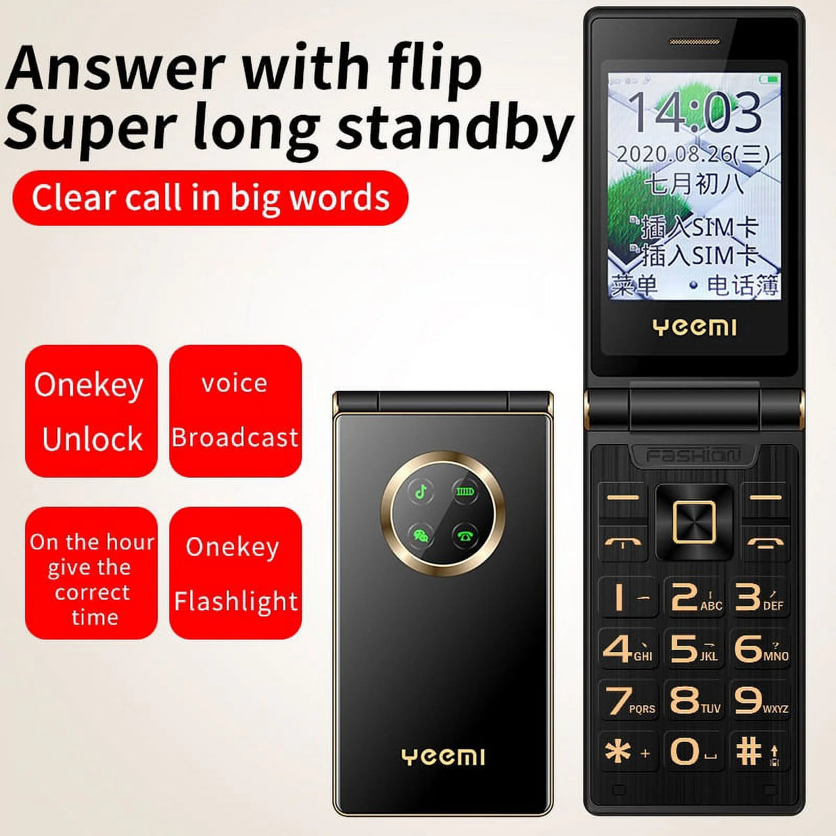 Black GSM Flip Cellphone with SOS Call, Speed Dial, Flashlight, Large Key V38286