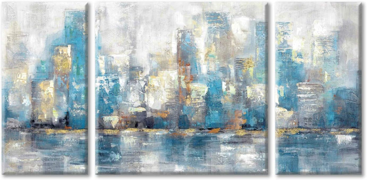 Blue Hand Painted Canvas Cityscape Wall Art, 24'' x 24'' + 24'' x 12'' x 2 Panels P1747