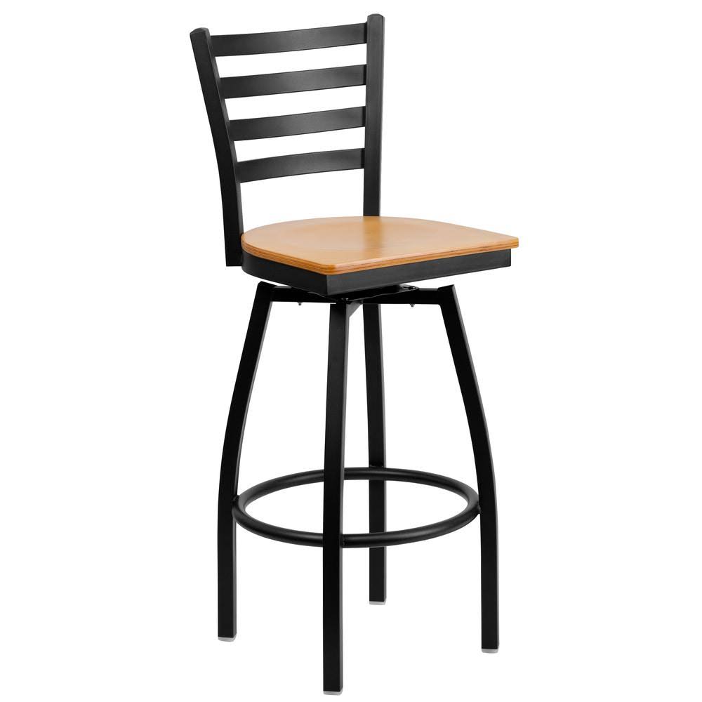 Black Ladder Back Swivel Metal Barstool with Natural Wood Seat Z7178