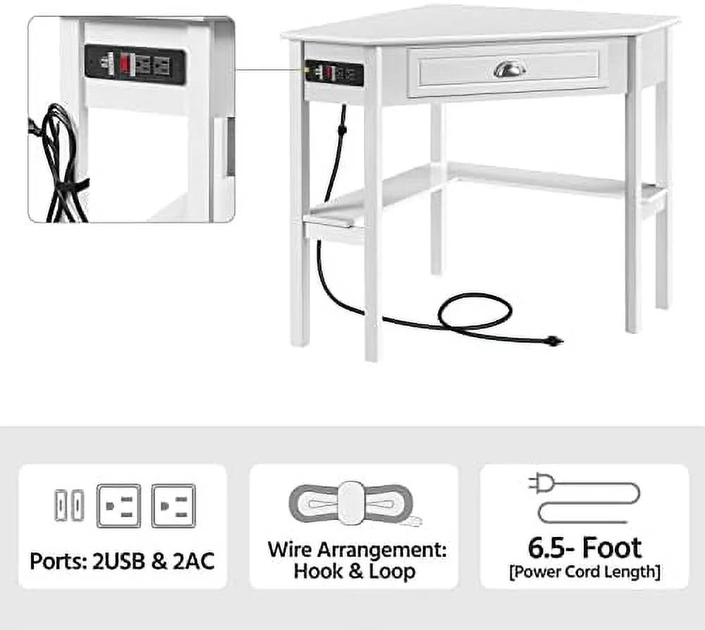 L Shaped Corner Computer Desk with Power Outlets White F356254