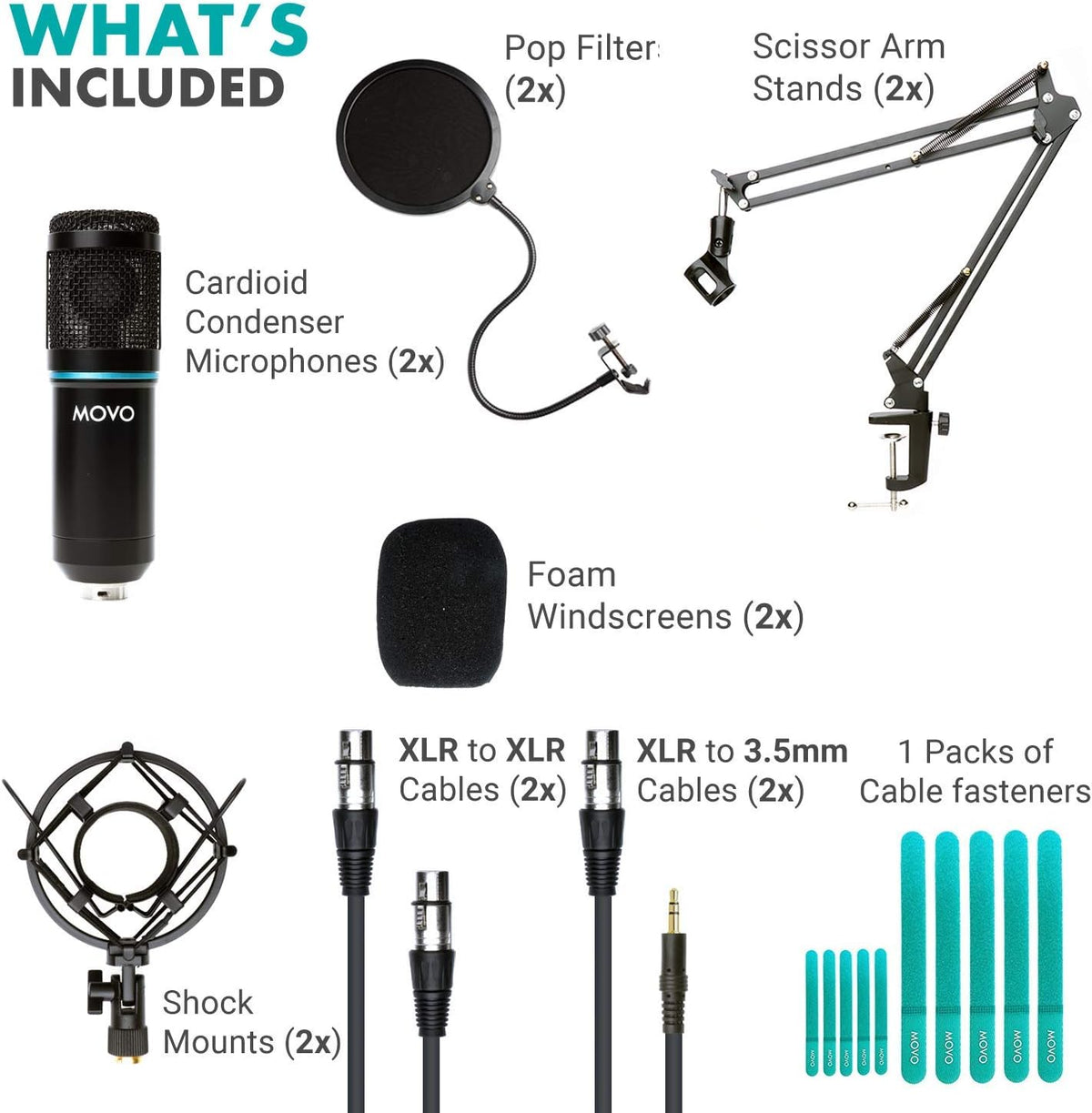 2-Pack Cardioid Condenser Microphone Kit with Scissor Arm Mic Stand, Shock Mount and Gooseneck Pop Filter Y8536