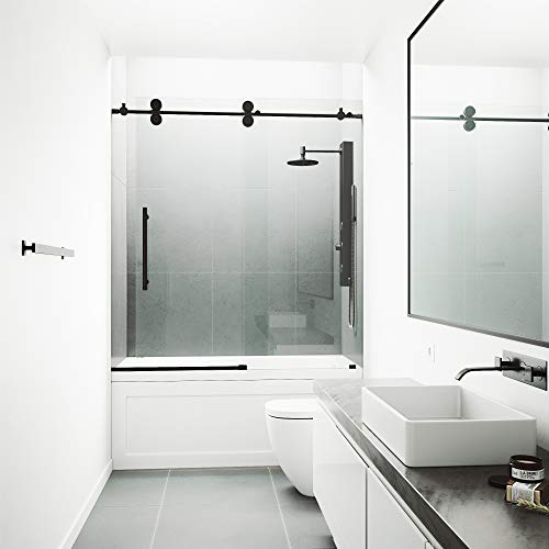 Matte Black Frameless Sliding Rectangle Tub Door with Clear Tempered Glass and Stainless Steel Hardware L88375