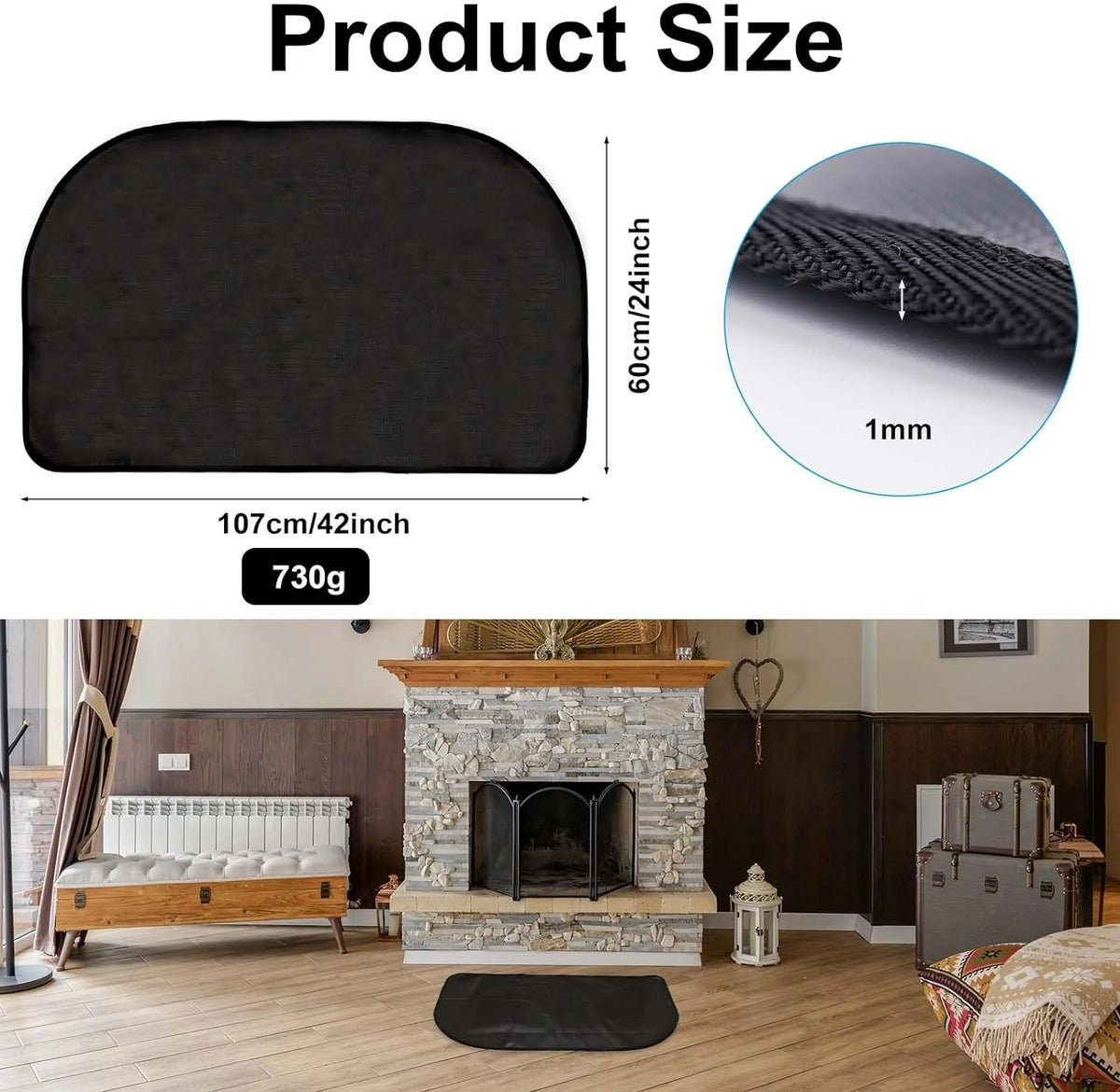 Black 42x24 Inch Fireplace Mat Hearth Pad Y998208