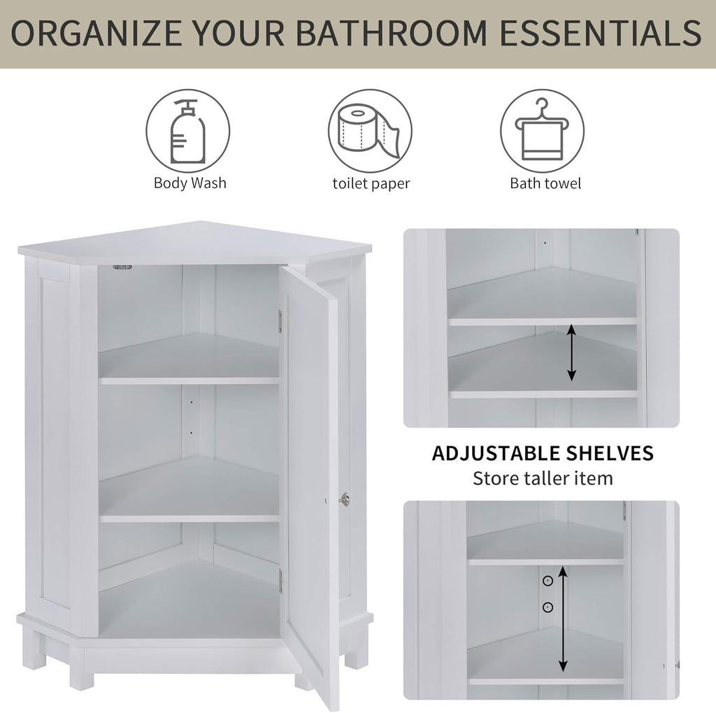White Corner Cabinet Bathroom Floor Storage with Adjustable Shelves F38414