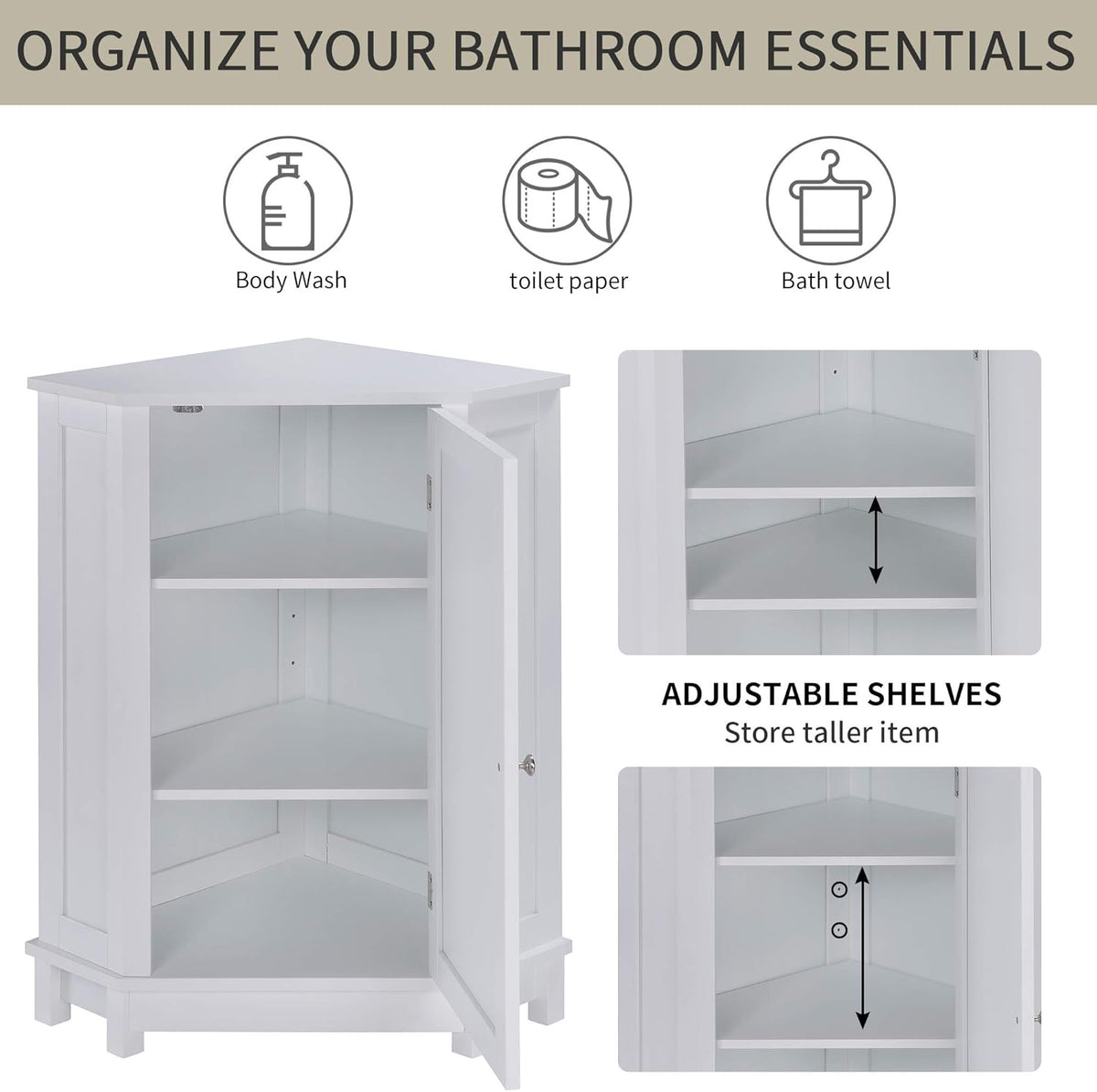 White Corner Cabinet Bathroom Floor Storage with Adjustable Shelves F38414