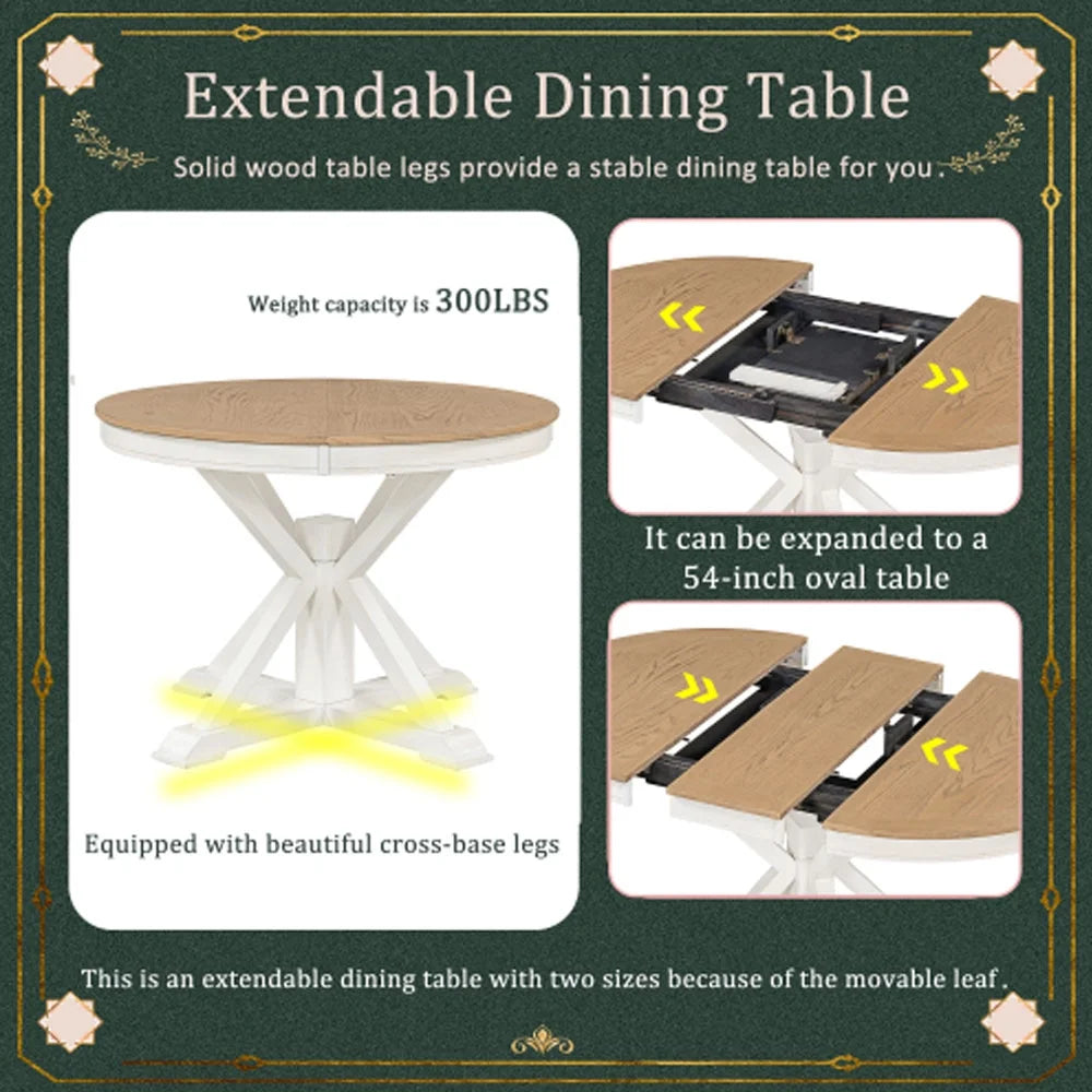 Extendable Dining Table with 12" Leaf Oak Natural Wood Off White B8141