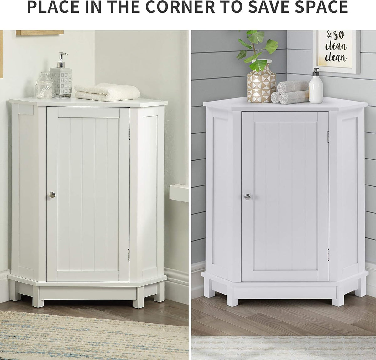 White Corner Cabinet Bathroom Floor Storage with Adjustable Shelves F38414