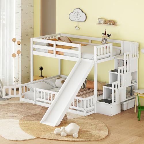 White Twin Over Full Bunk Bed with Slide and Storage Staircase D83386