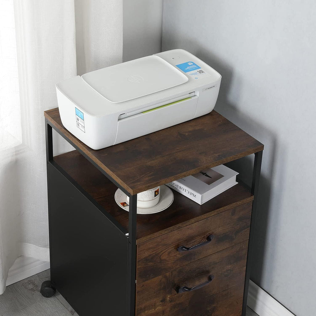 Rolling File Cabinet with 2 Drawers and Open Shelf, Brown and Black O485707