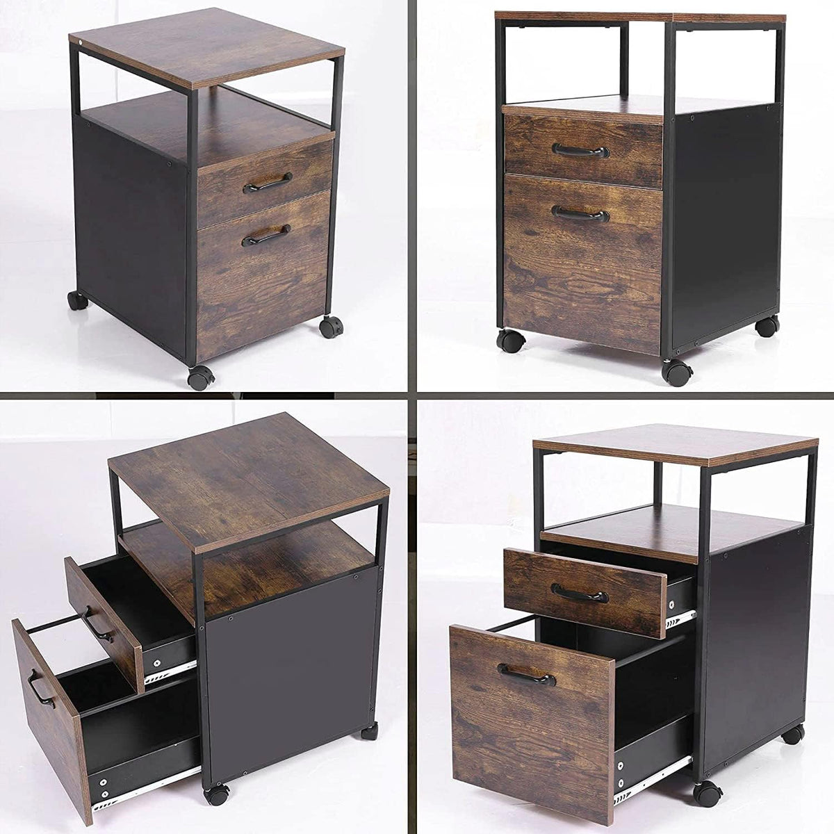 Rolling File Cabinet with 2 Drawers and Open Shelf, Brown and Black O485707