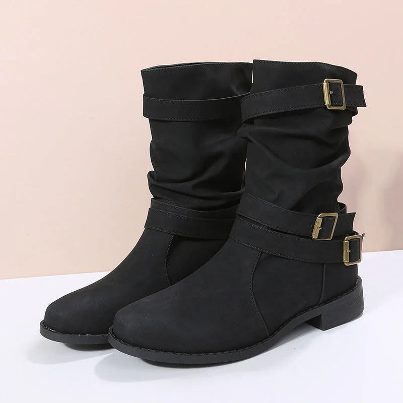 Buckle-Accented Mid-Calf Flat Boots I1729