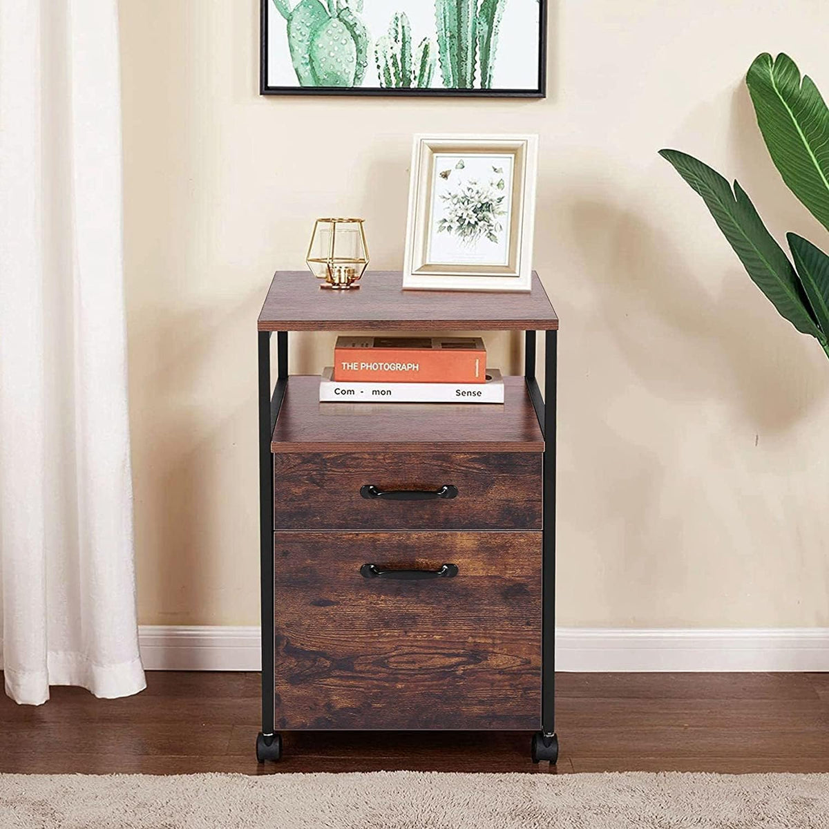 Rolling File Cabinet with 2 Drawers and Open Shelf, Brown and Black O485707