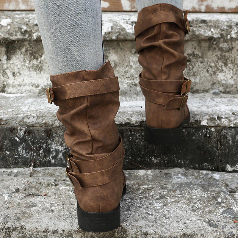 Buckle-Accented Mid-Calf Flat Boots I1729